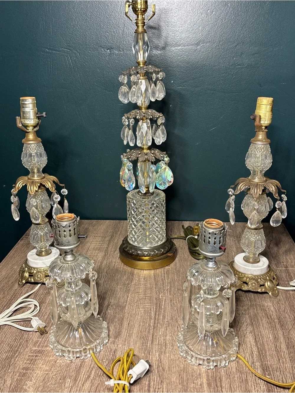 5 MCM HOLLYWOOD REGENCY TABLE LAMPS MARBLE BASE  CRYSTAL PRISMS
